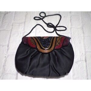 Vintage Lady Priscilla Beaded Evening Bag Purse Handbag Black Snap Closure Strap